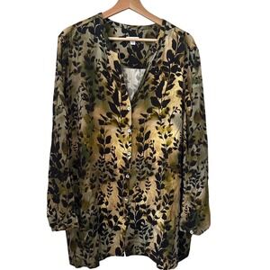Pure Jill 2X Green Botanical Leaf Print Viscose Button Down Tunic Top
